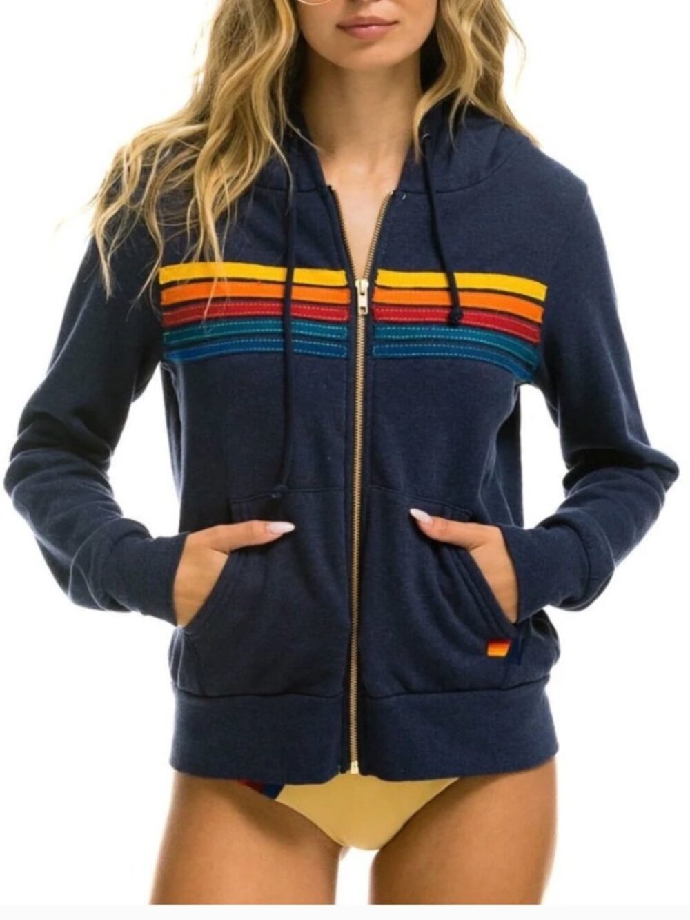 Aviator Nation Navy Rainbow Stripe Zip Up Hoodie Size Small
